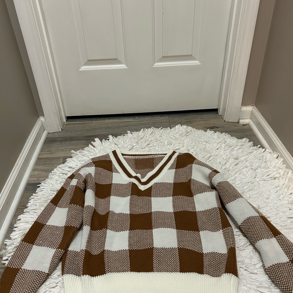Brown and White Checkered Sweater